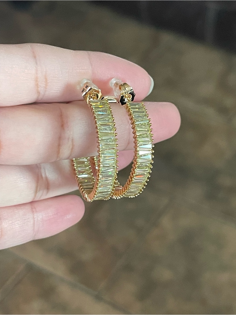 Gold Hoop Earrings with Green Baguette Stones - Picture 2 of 3
